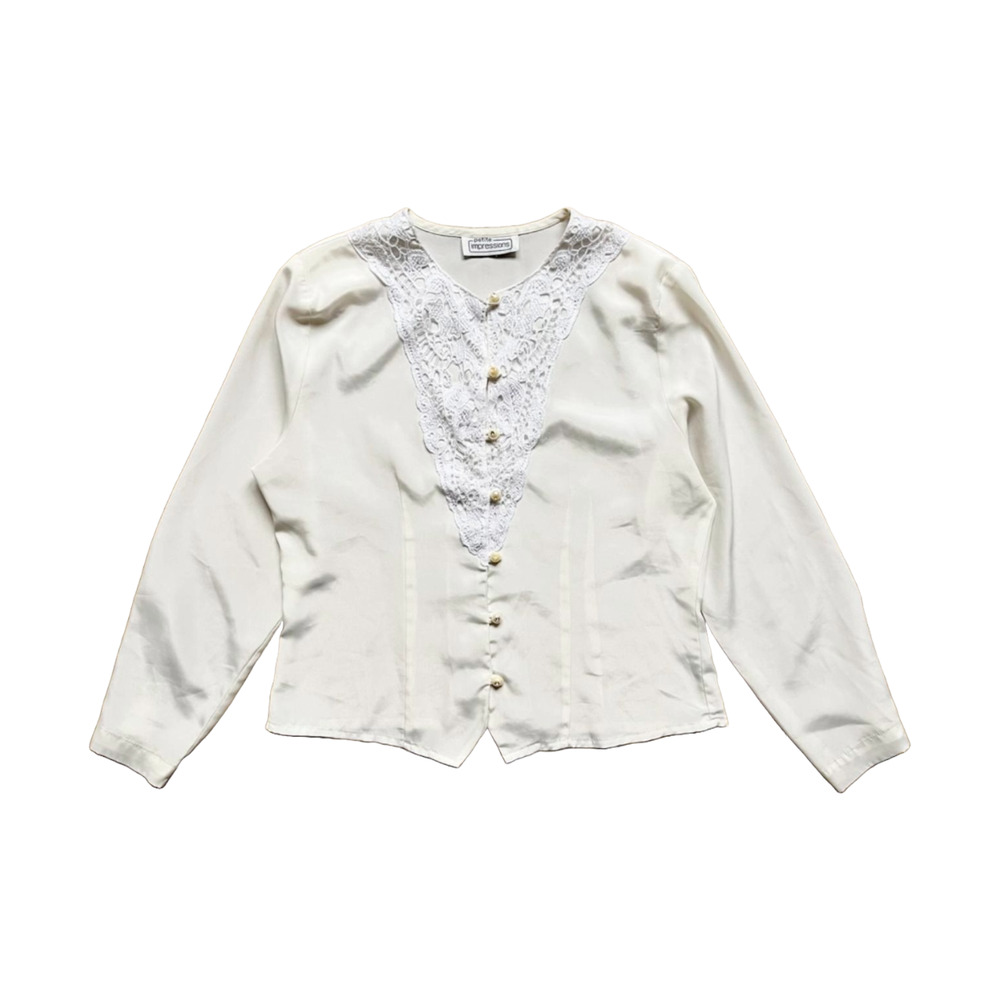 Vtg Petite Impressions Blouse White Sheer Lace Cottagecore Coquette Victorian